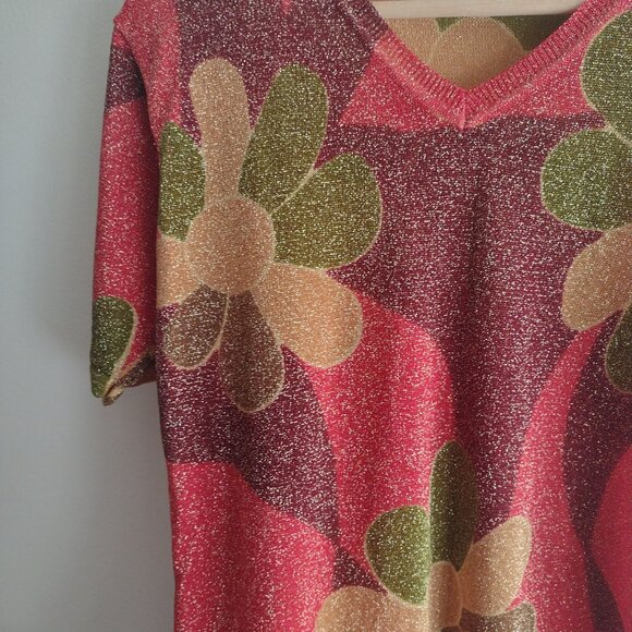 Vintage 90s Maierte Metallic Floral Top M Psychedelic Baby Tee Y2K - Picture 4 of 9